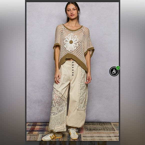 POL 🌼 Olive and Tan Cotton Blend Crochet Short Sleeve Floral Embroidered Top. - Picture 2 of 7